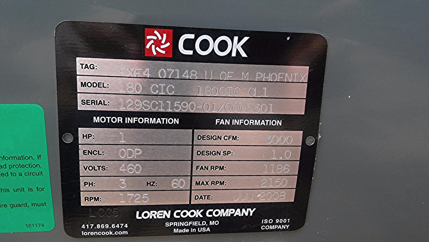 LOREN COOK 180 CIC TUBULAR CENTRIFUGAL INLINE BLOWER BACKWARD INCLINED AIRFOLD