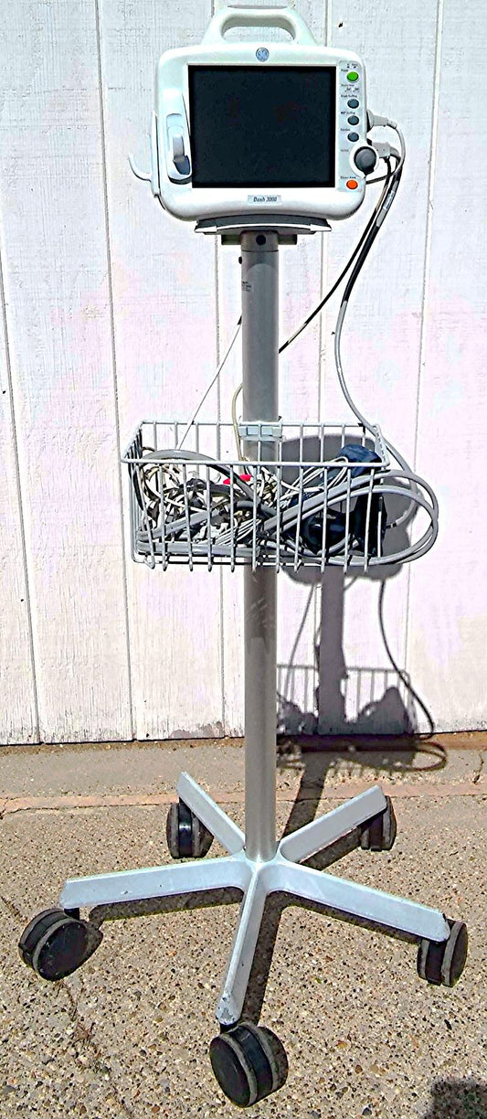 GE DASH 3000 Vital Signs Monitor & STAND LEADS CUFF OXIMETER PRINTER WATCHVIDEO