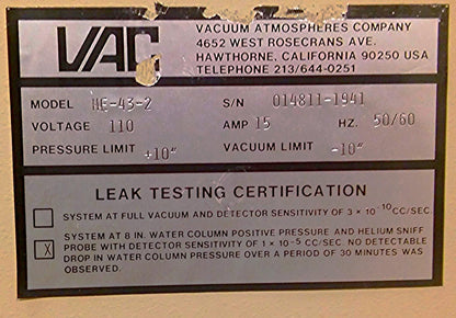 VAC Vacuum Atmospheres GLOVE BOX Dri-LAB with HE-493 HE-43-2 & HE-63-P FREE SHIP