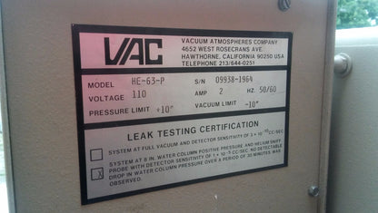 VAC Vacuum Atmospheres GLOVE BOX Dri-LAB with HE-493 HE-43-2 & HE-63-P FREE SHIP