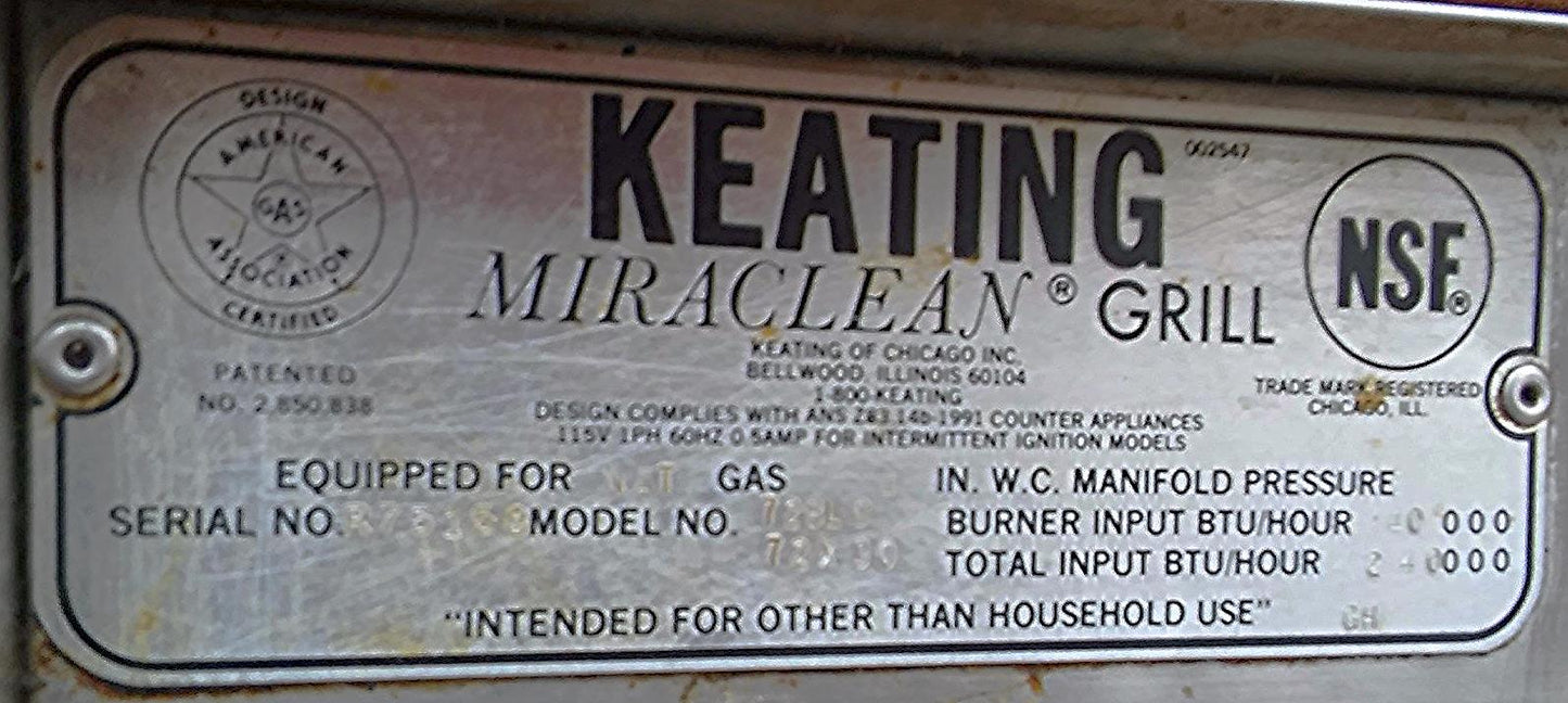 KEATING MIRACLEAN 72BL-G GAS GRILL GRIDDLE 72 x 30 & STAND ON WHEELS FREE SHIP