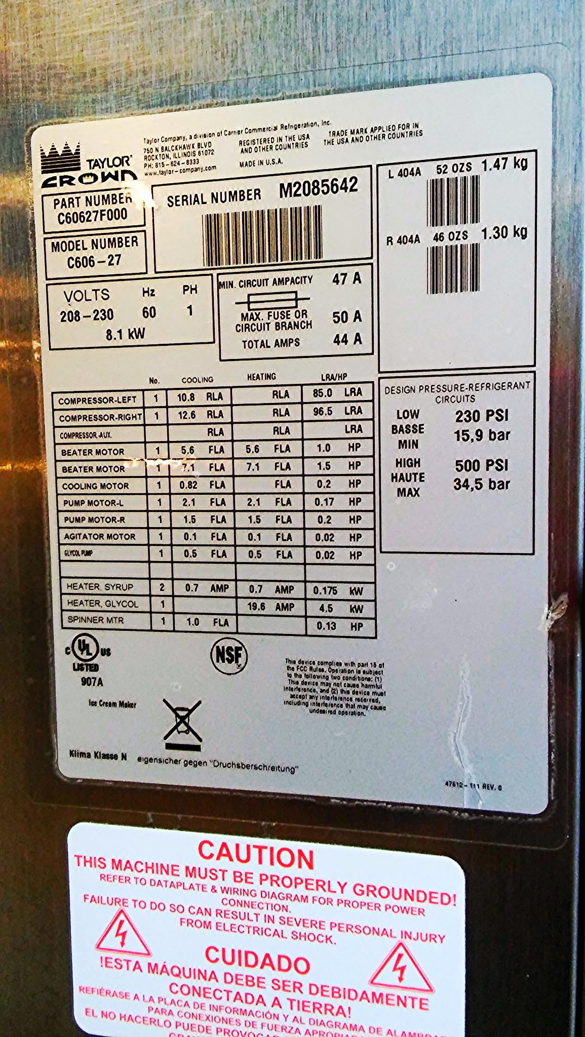 TAYLOR CROWN C606-27 YOGURT ICE CREAM SHAKE SOFT FREEZER WHEELS MANUAL FREESHIP