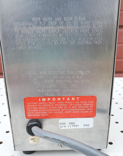 EDLUNG MODEL 266 ELECTRIC 120 Volt COMMERCIAL CAN OPENER FREE SHIP WATCH VIDEO