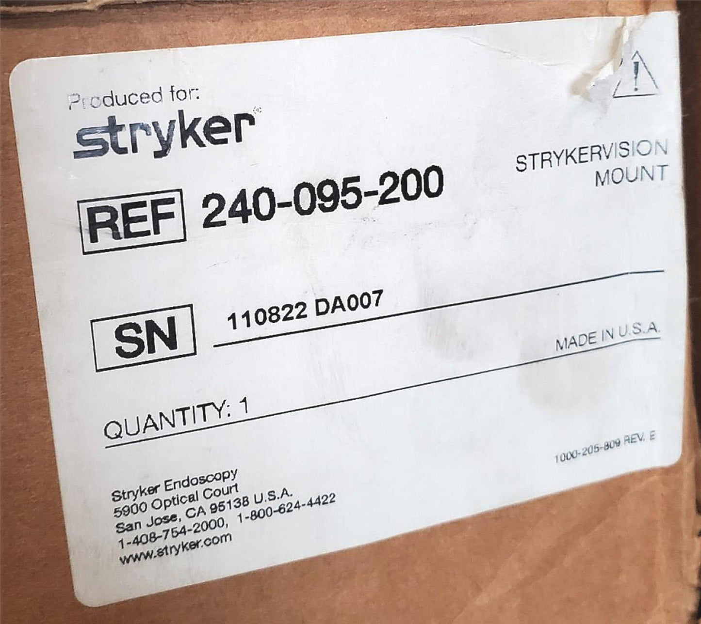 STRYKER STRYKERVISION MOUNT REF 240-095-200 ENDOSCOPY MONITOR ARM FREE SHIPPING