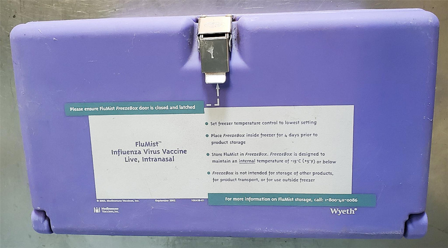 MEDIMMUNE WYETH INFLUENZA VACCINE CONTAINER STORAGE COLD BOX FREEZER 5°F = -15°C