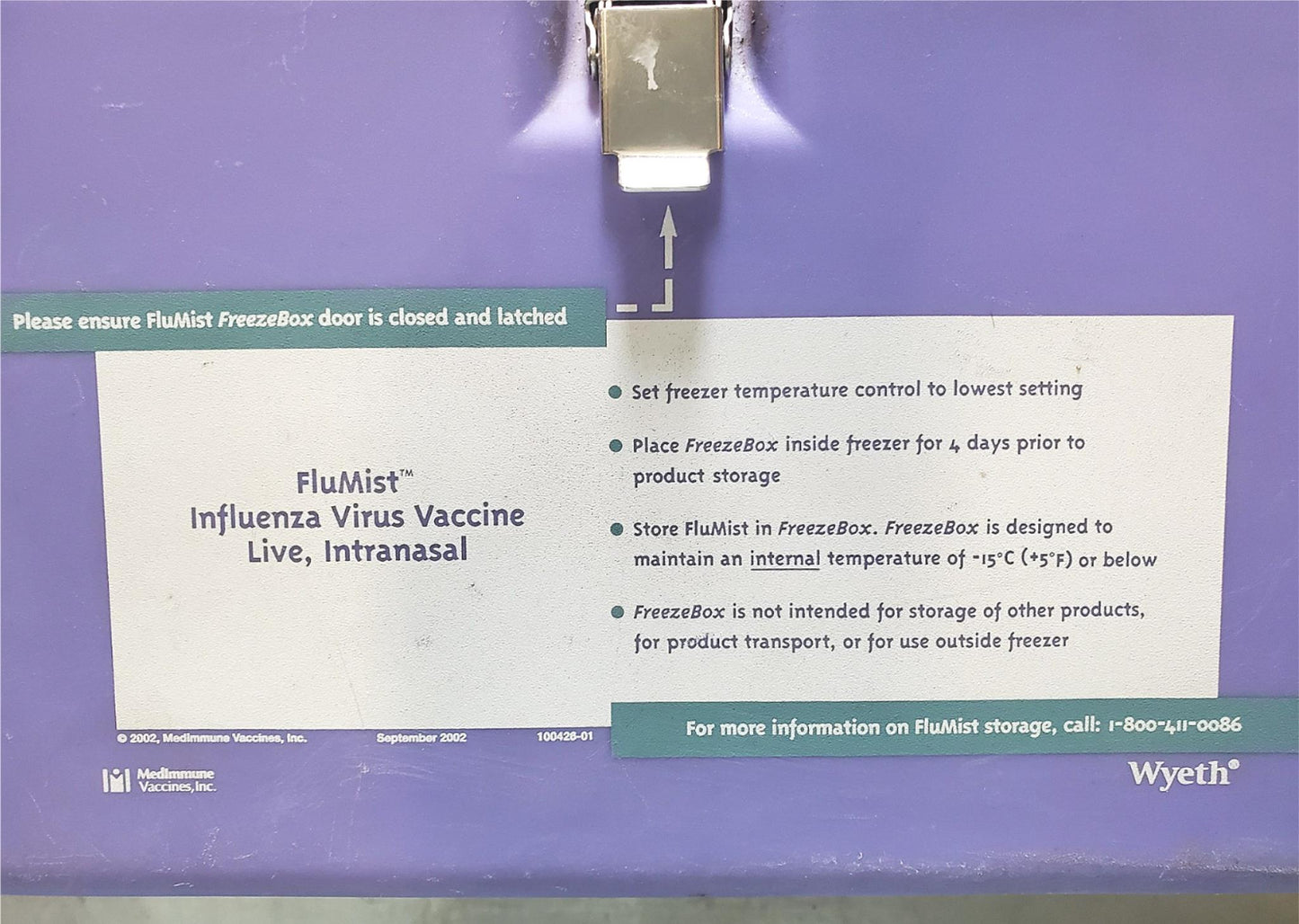 MEDIMMUNE WYETH INFLUENZA VACCINE CONTAINER STORAGE COLD BOX FREEZER 5°F = -15°C