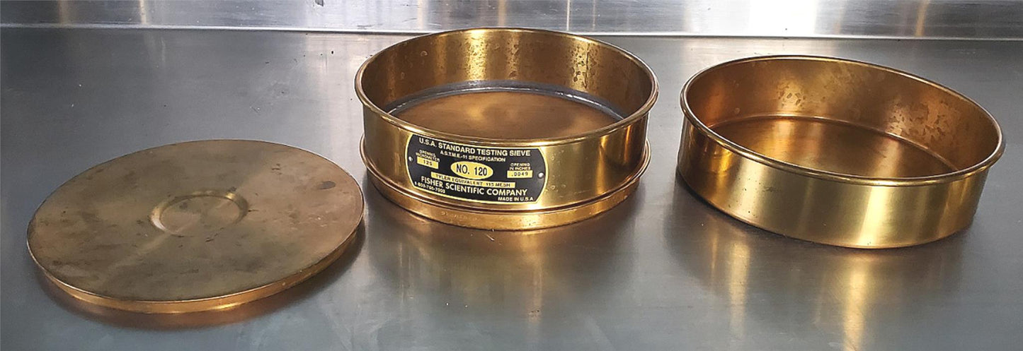FISHER SCIENTIFIC USA STANDARD 120 SIEVE BRASS FRAME wCOVER & RECEIVER FREE SHIP