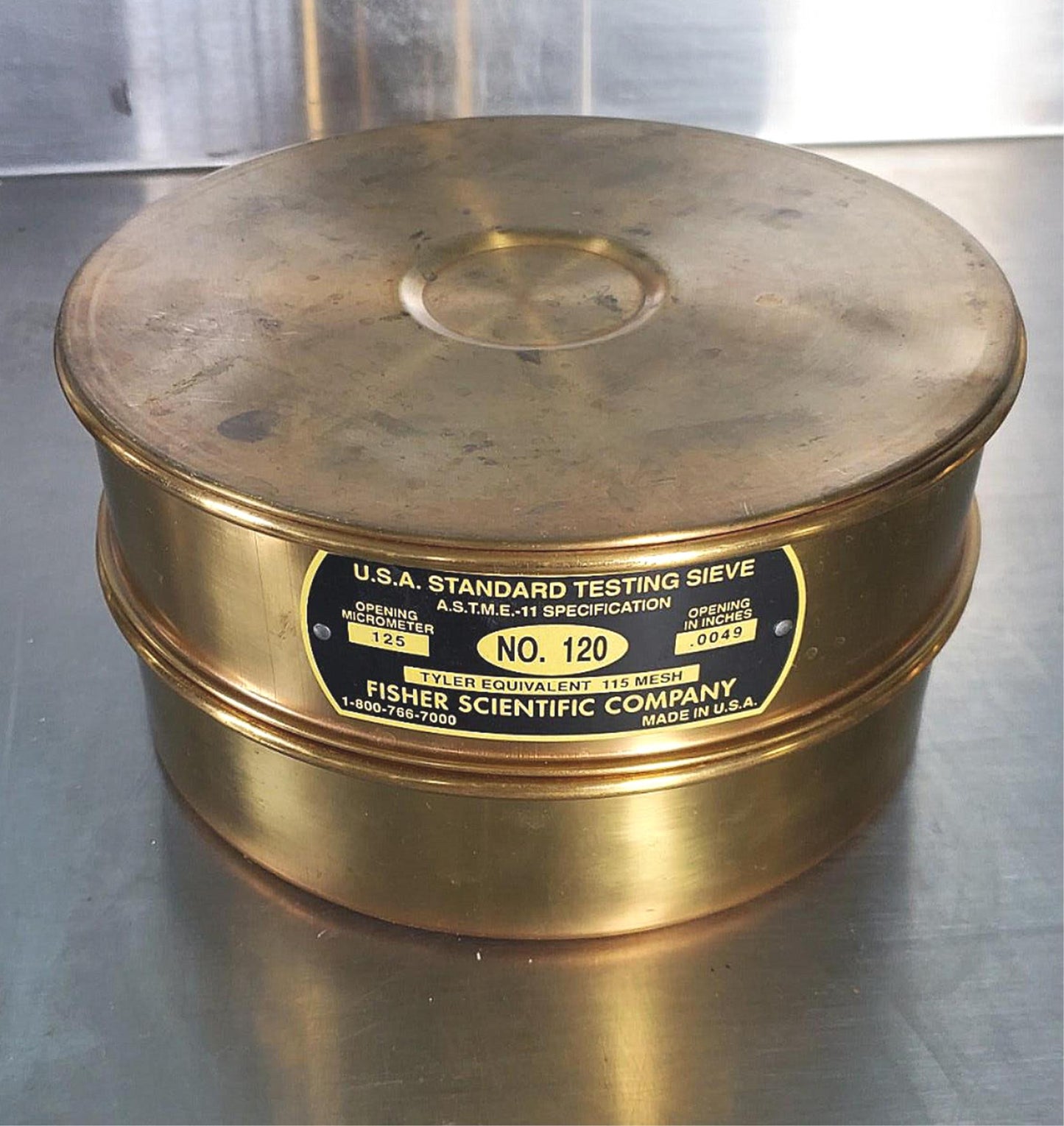FISHER SCIENTIFIC USA STANDARD 120 SIEVE BRASS FRAME wCOVER & RECEIVER FREE SHIP