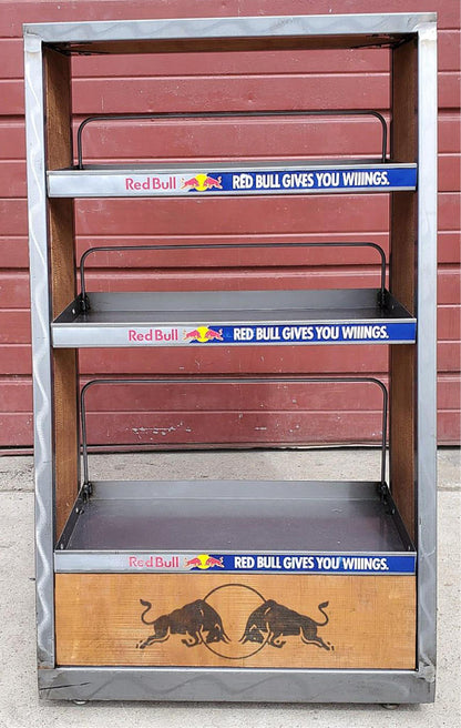 RARE RED BULL METAL & WOOD RACK FLOOR DRINK (BOOK) DISPLAY ON WHEELS FREE SHIP