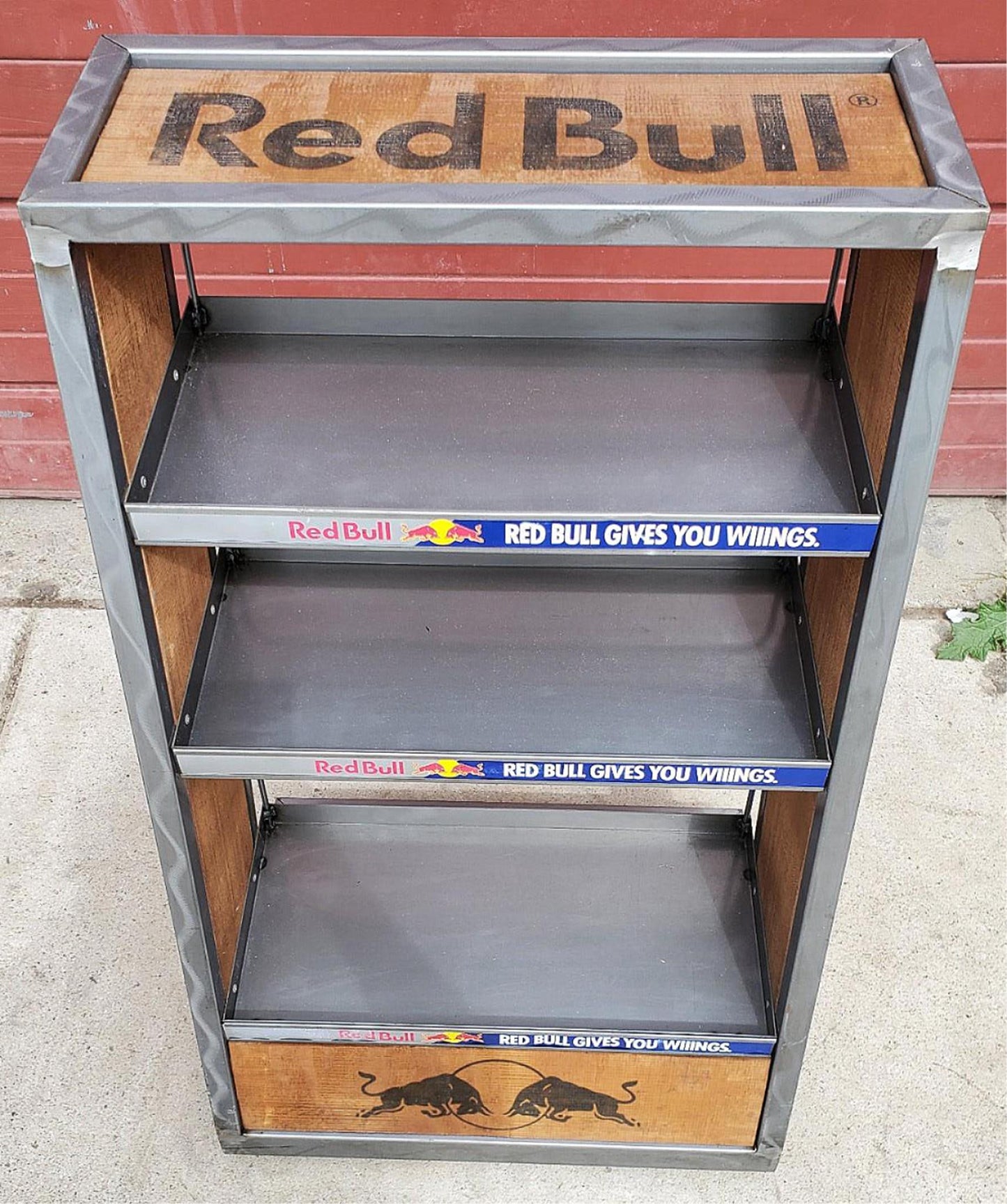 RARE RED BULL METAL & WOOD RACK FLOOR DRINK (BOOK) DISPLAY ON WHEELS FREE SHIP