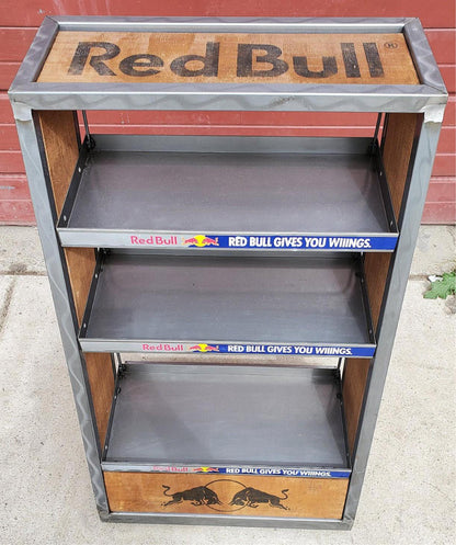 RARE RED BULL METAL & WOOD RACK FLOOR DRINK (BOOK) DISPLAY ON WHEELS FREE SHIP