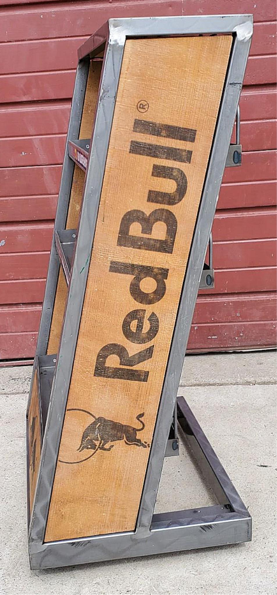 RARE RED BULL METAL & WOOD RACK FLOOR DRINK (BOOK) DISPLAY ON WHEELS FREE SHIP
