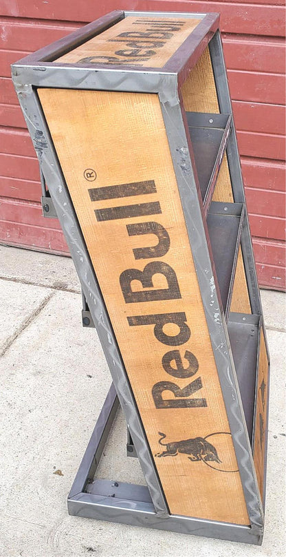RARE RED BULL METAL & WOOD RACK FLOOR DRINK (BOOK) DISPLAY ON WHEELS FREE SHIP