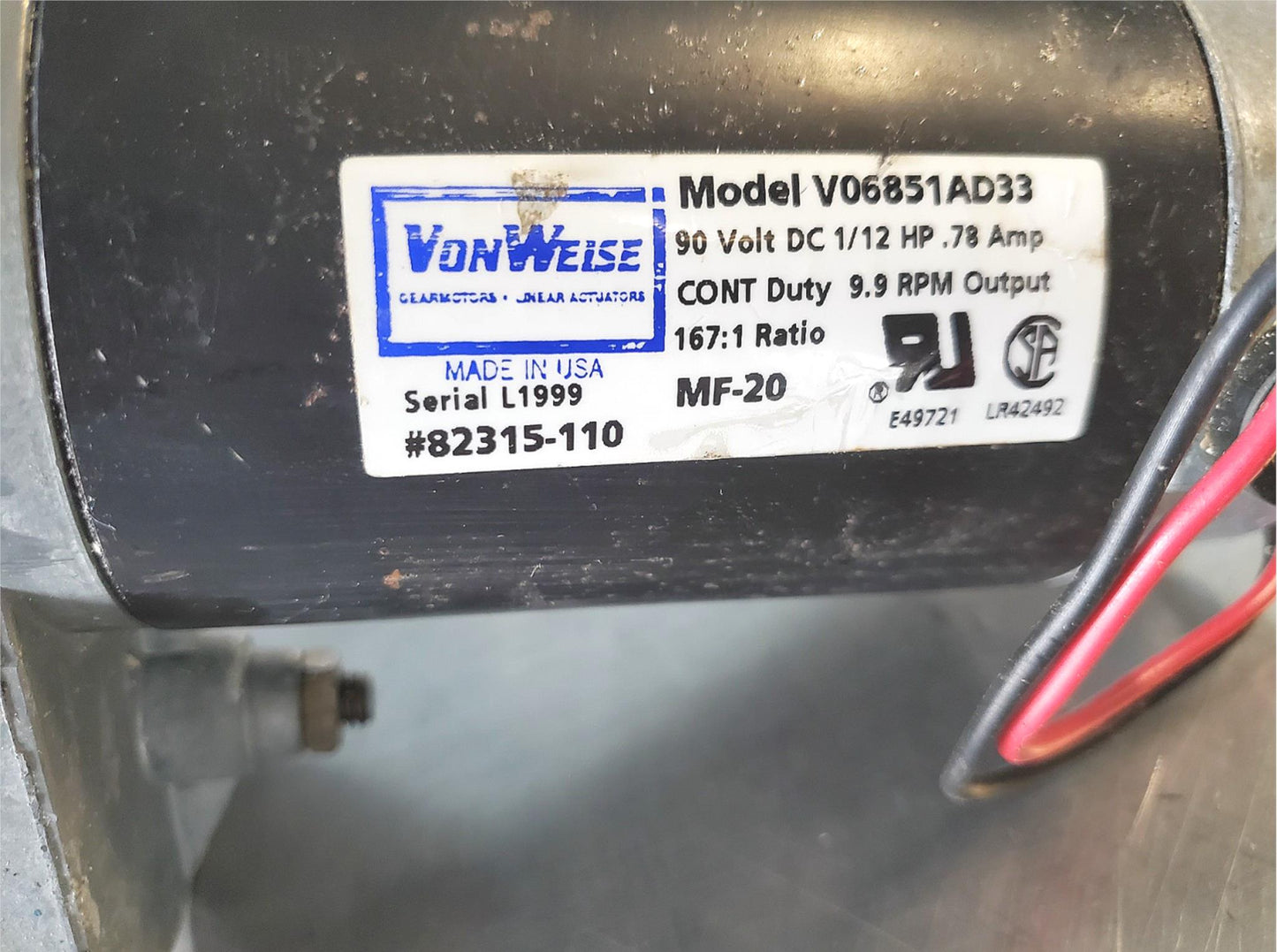 VON WEISE 90 Volt RIGHT ANGLE GEAR DC MOTOR 167:1RATIO 1/12HP .78AMP FREE SHIP