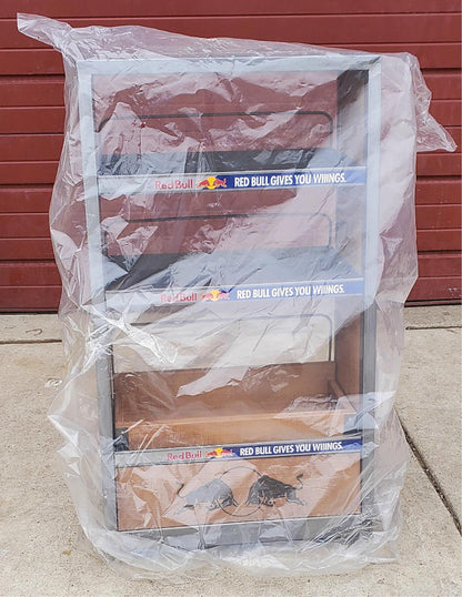 BNEW RARE UNIQUE RED BULL METAL WOOD RACK FLOOR DRINK DISPLAY ON WHEELS FREESHIP