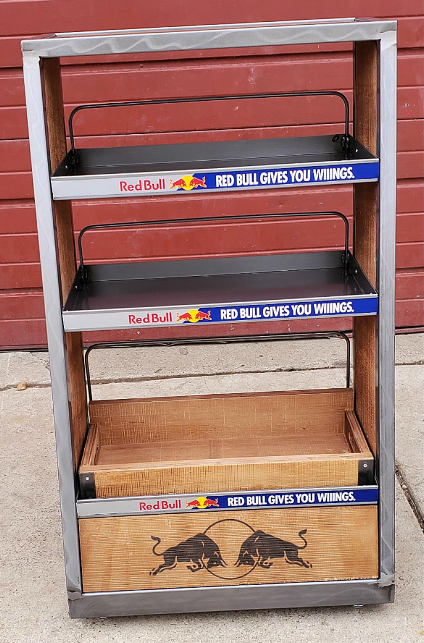 BNEW RARE UNIQUE RED BULL METAL WOOD RACK FLOOR DRINK DISPLAY ON WHEELS FREESHIP