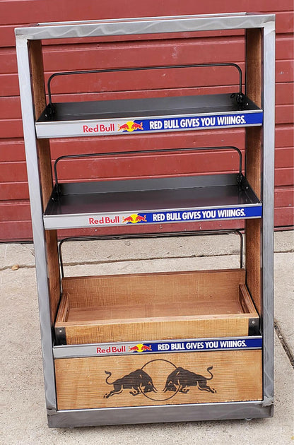 BNEW RARE UNIQUE RED BULL METAL WOOD RACK FLOOR DRINK DISPLAY ON WHEELS FREESHIP