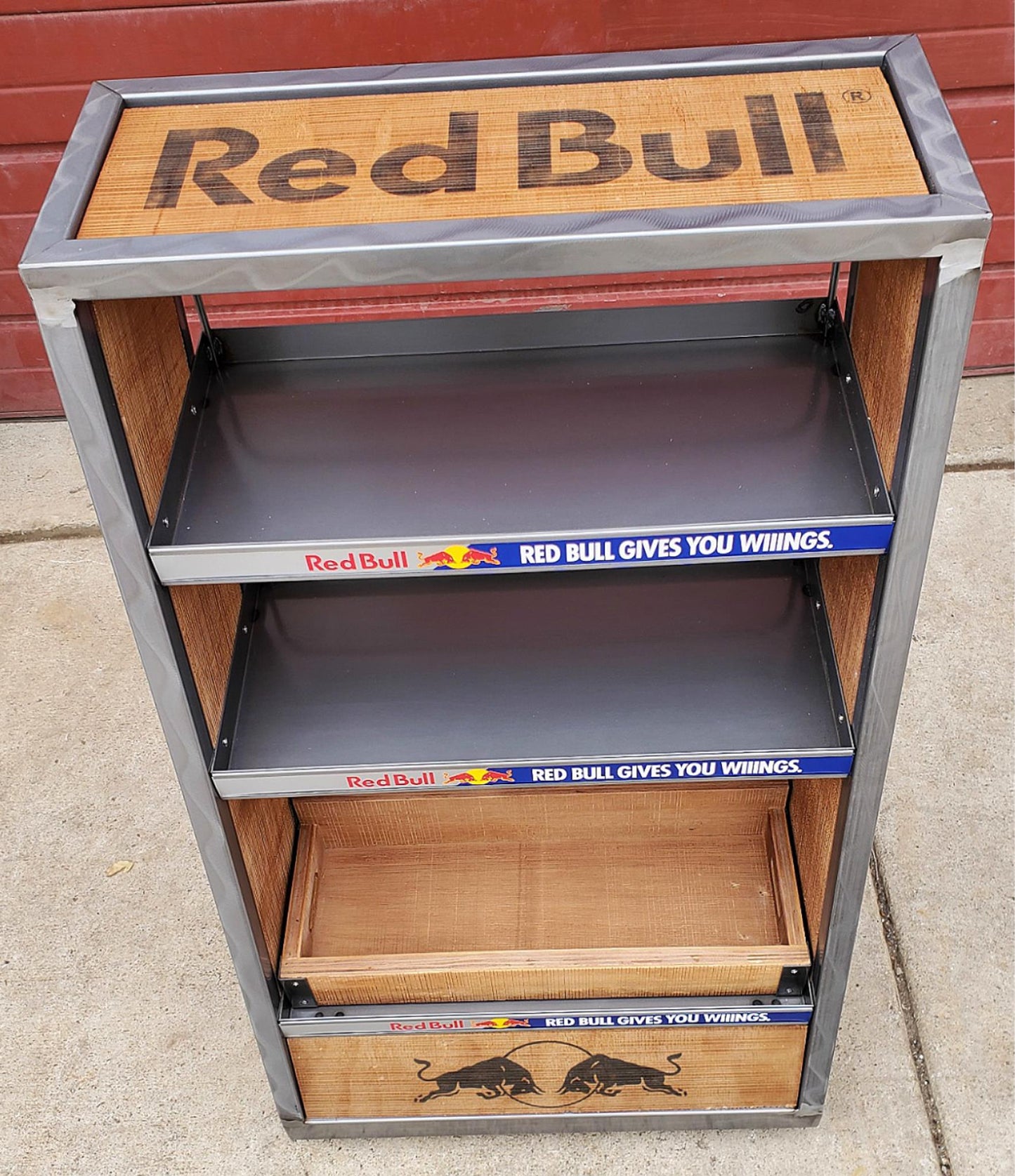BNEW RARE UNIQUE RED BULL METAL WOOD RACK FLOOR DRINK DISPLAY ON WHEELS FREESHIP