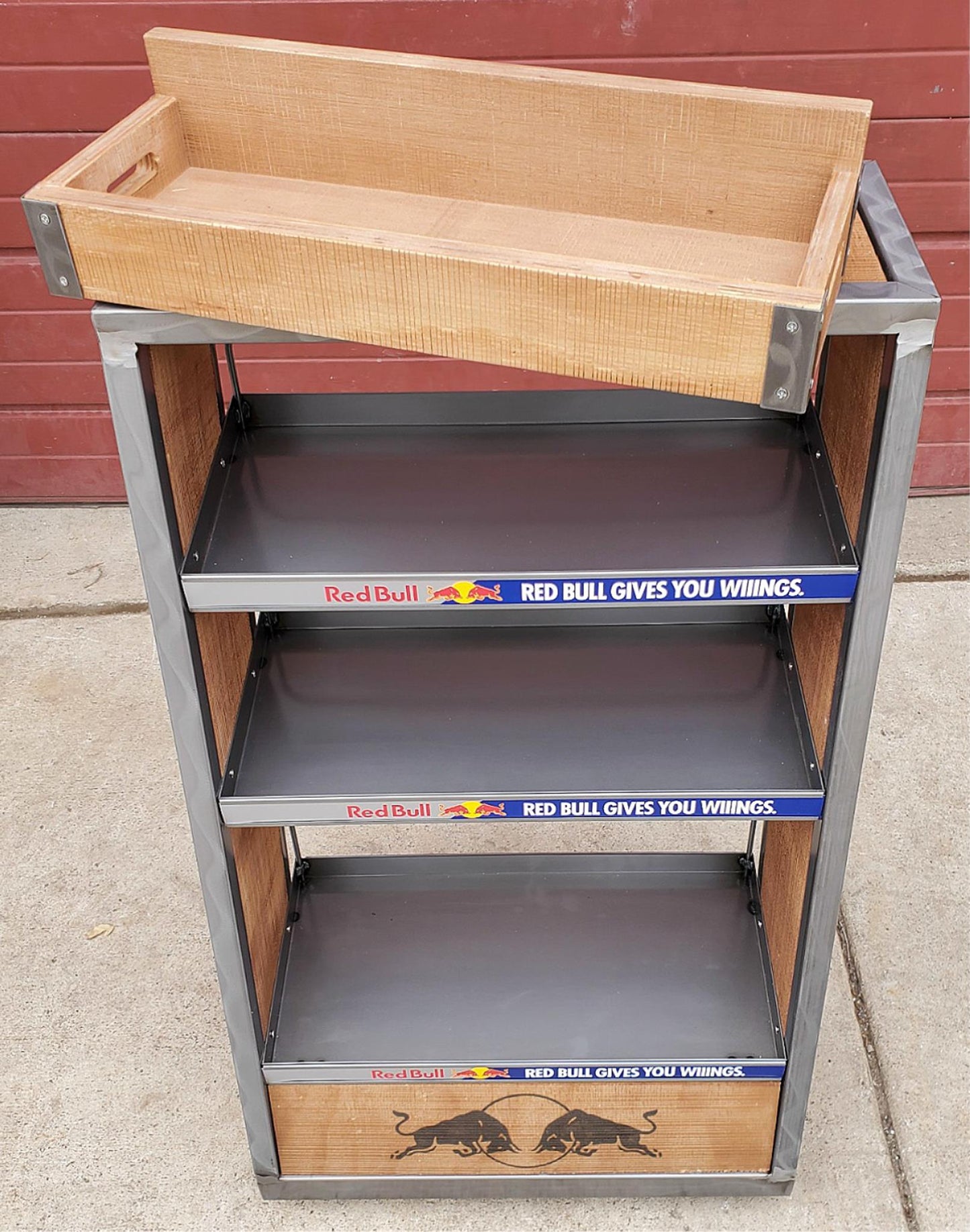 BNEW RARE UNIQUE RED BULL METAL WOOD RACK FLOOR DRINK DISPLAY ON WHEELS FREESHIP