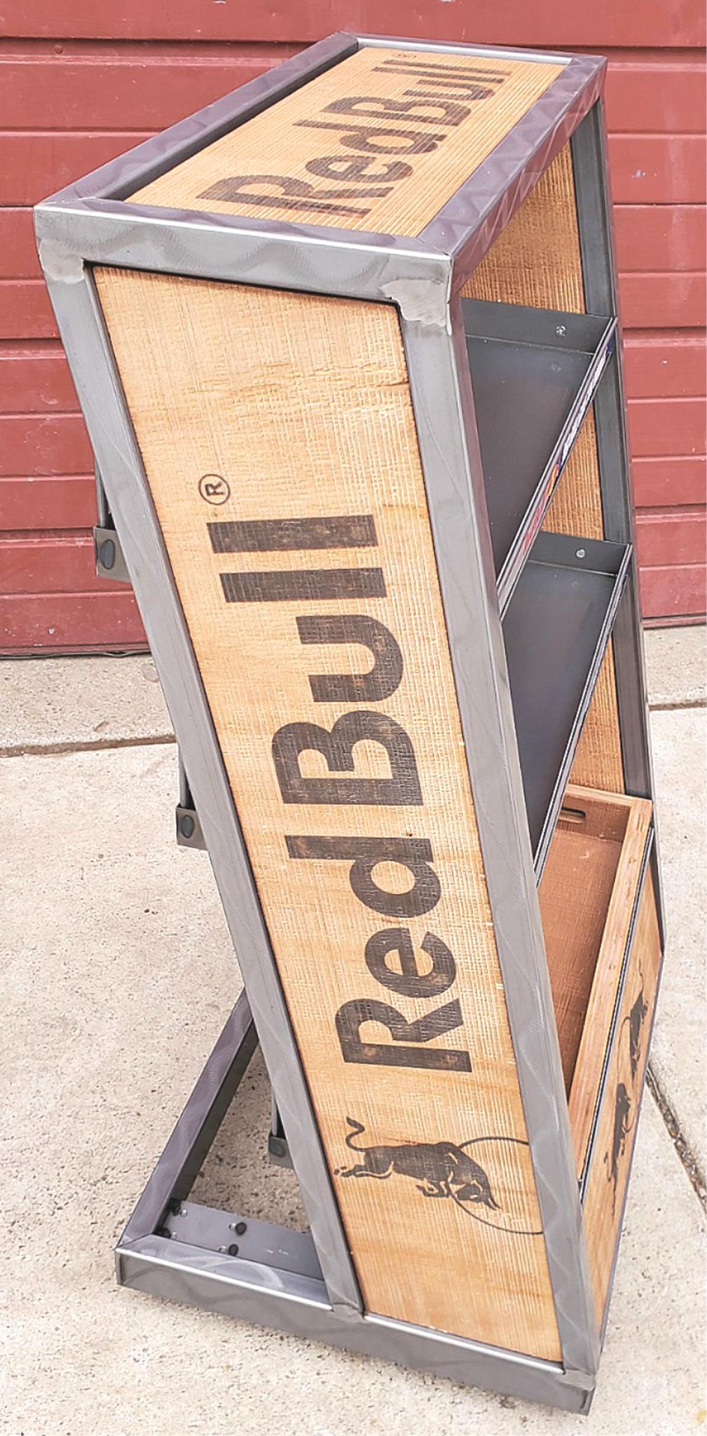 BNEW RARE UNIQUE RED BULL METAL WOOD RACK FLOOR DRINK DISPLAY ON WHEELS FREESHIP