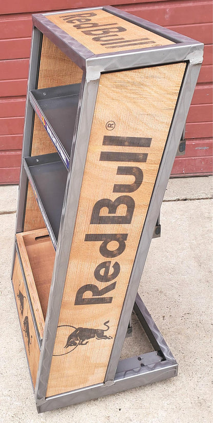 BNEW RARE UNIQUE RED BULL METAL WOOD RACK FLOOR DRINK DISPLAY ON WHEELS FREESHIP