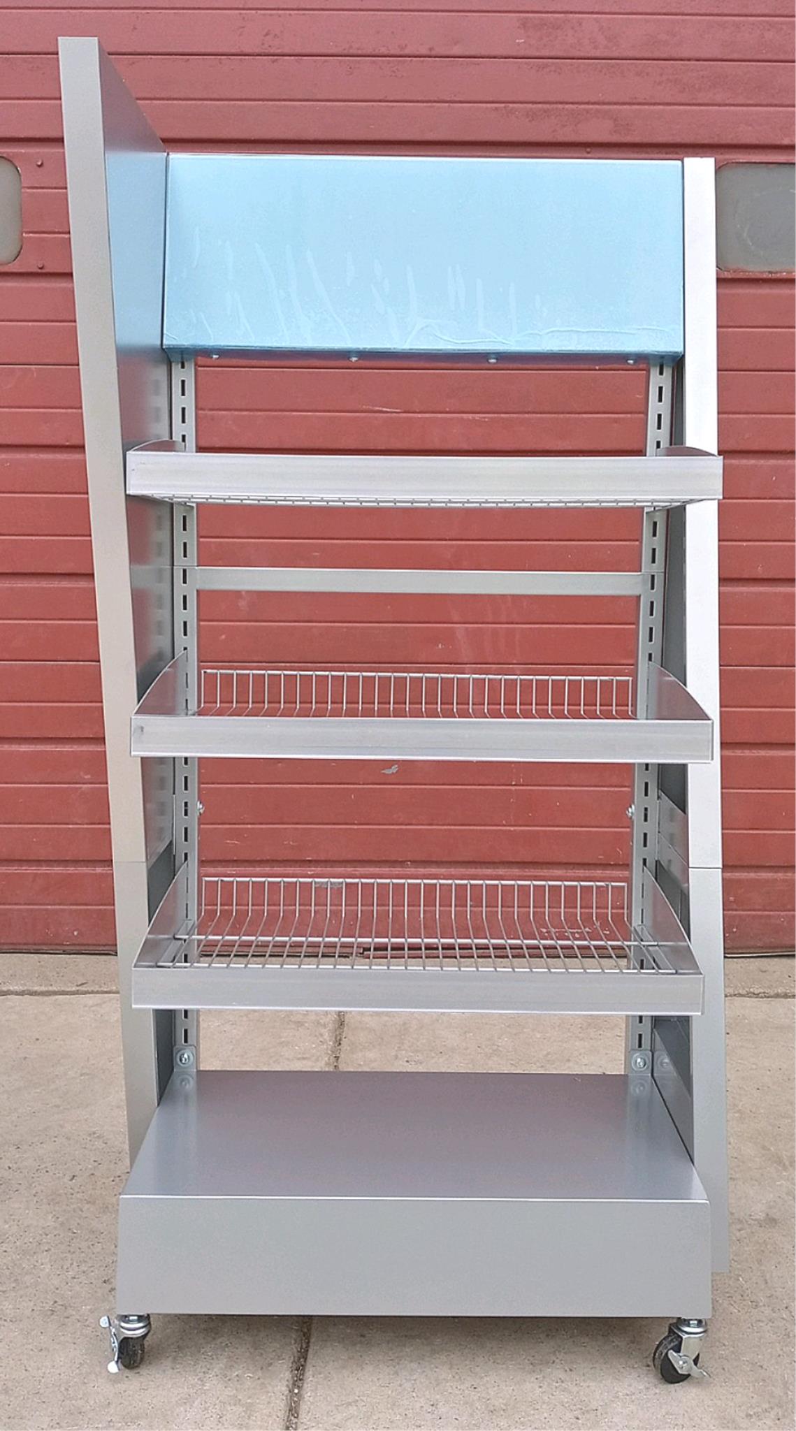 UNIQUE RED BULL METAL RACK FLOOR DRINK 3 SHELF (BOOK) DISPLAY ON WHEEL FREE SHIP