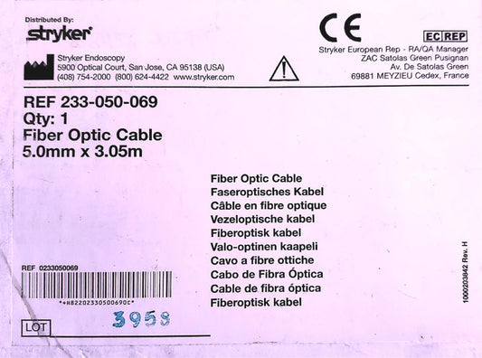 STRYKER 233-050-069 5.00mm x 10"/3.05M with ACMI MALE FIBER OPTIC CABLE FREESHIP