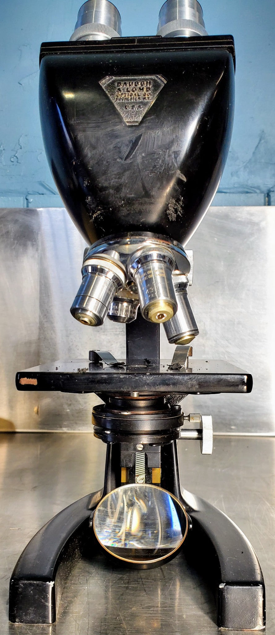 RARE BAUSCH LOMB MONOLUX OBJECTIVE MICROSCOPE BAKELITE VIEWER WOOD CASE FREESHIP