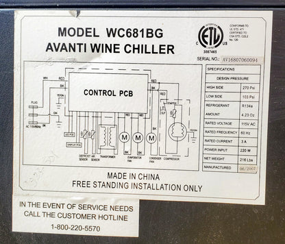AVANTI WC681BG WINE COOLER 166 Bottles Capacity 100% WORKING GUARANTEE FREE SHIP