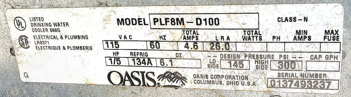 ON-A-WALL 8 Gph OASIS WATER COOLER PLF8M D100 WATER FOUNTAIN FREE SHIP