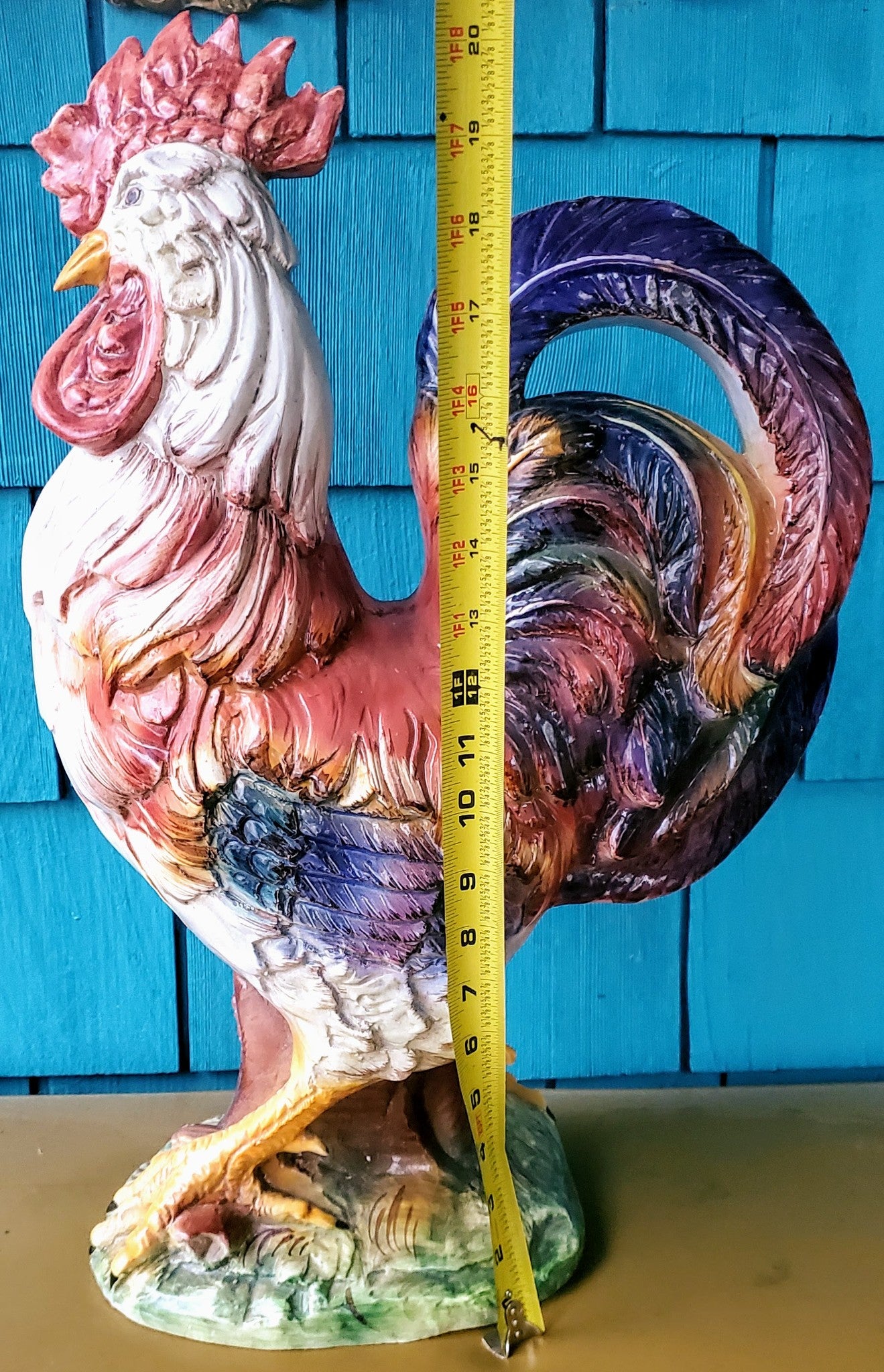 BIG HAND MADE & PAINTED 20.5" x 13" CERAMIC ROOSTER - GOOD FORTUNE - FREE SHIP