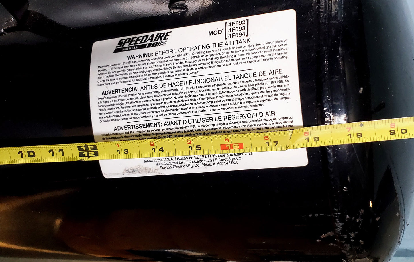 SPEEDAIRE MODEL 4F692 PORTABLE AIR TANK 125 PSI with INSTRUCTIONS FREE SHIPPING