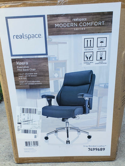 NewInBox REALSPACE MODERNCOMFORT KEERA LEATHER MIDBACK GRAY MANAGER CHROME CHAIR
