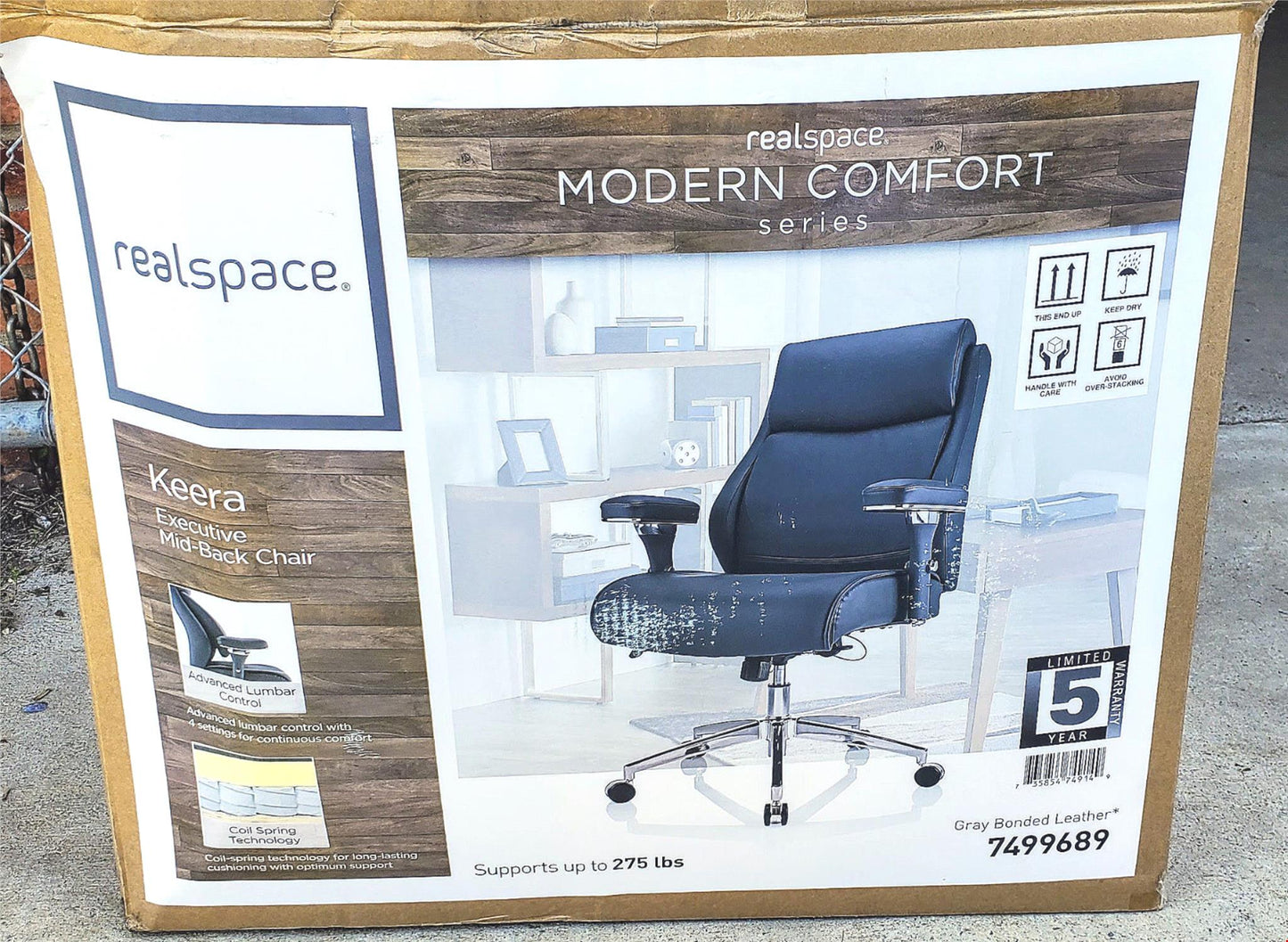 NewInBox REALSPACE MODERNCOMFORT KEERA LEATHER MIDBACK GRAY MANAGER CHROME CHAIR