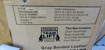 NewInBox REALSPACE MODERNCOMFORT KEERA LEATHER MIDBACK GRAY MANAGER CHROME CHAIR