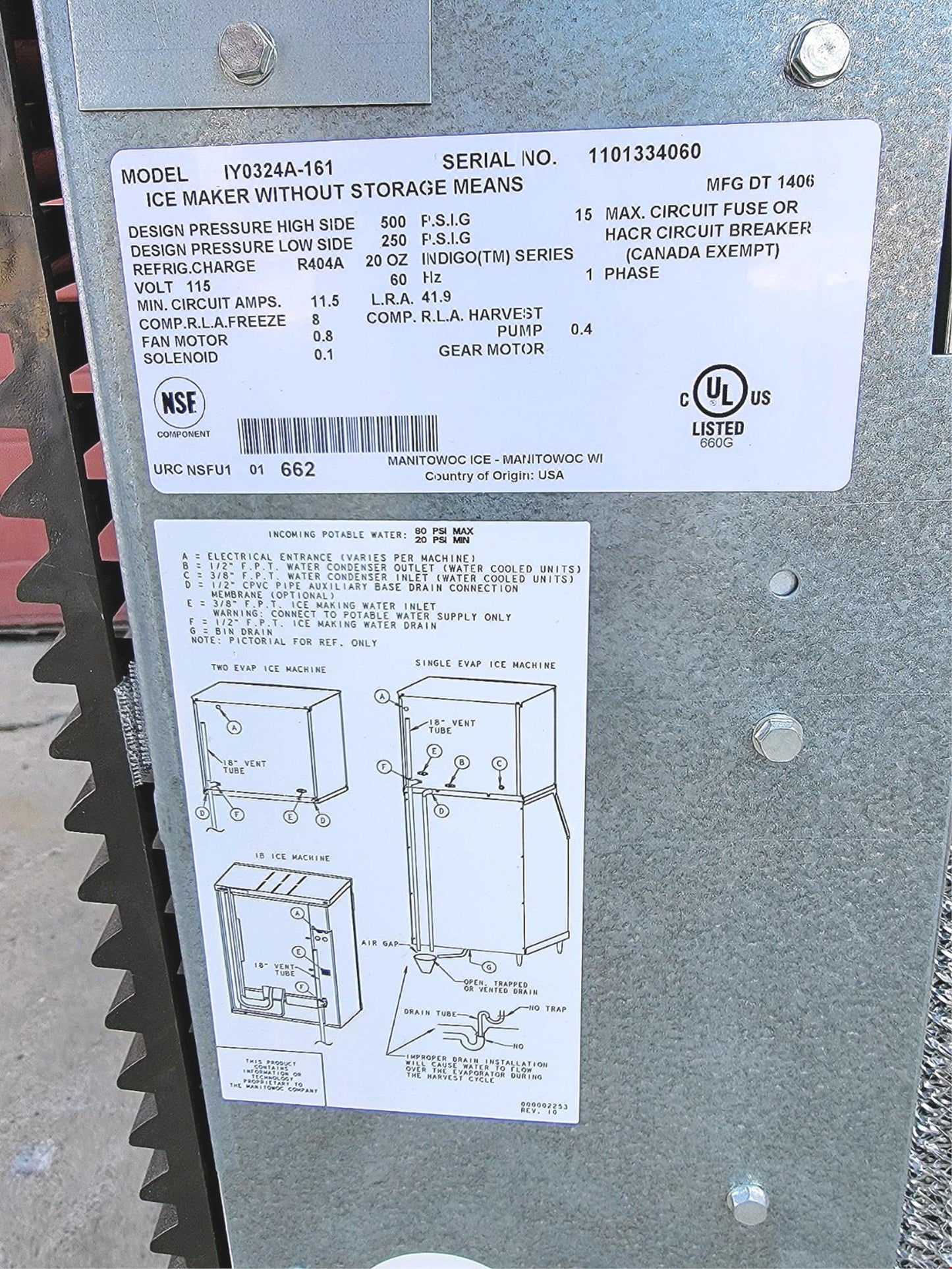 MANITOWOC IY0324A-161 350lbs/Day HALF DICE AIR COOLED INDIGO ICE MAKER FREE SHIP