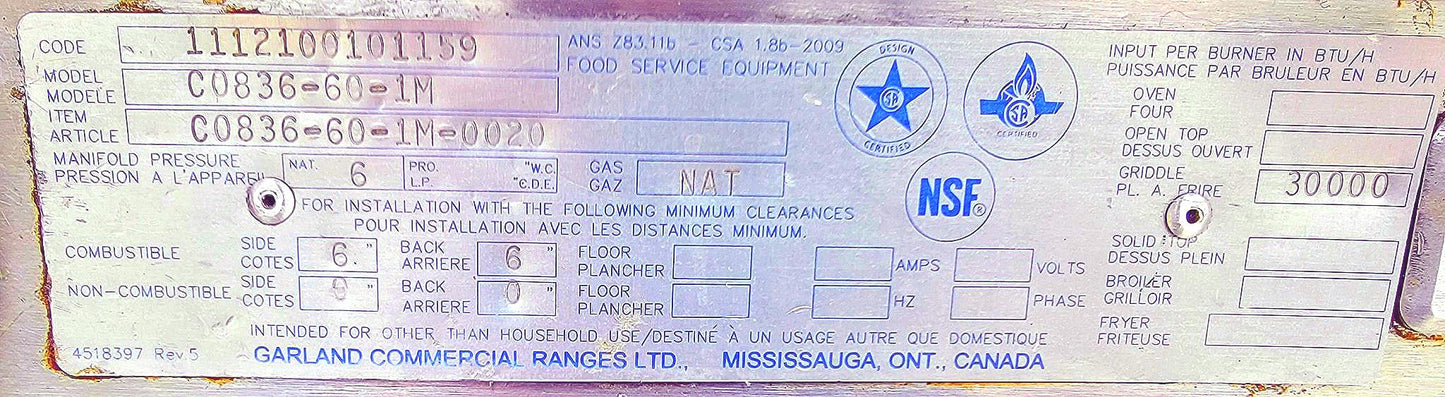 GARLAND 60" C0836-60-1M GAS GRIDDLE & DELFIELD F2962C REFRIG WHEEL BASE FREESHIP