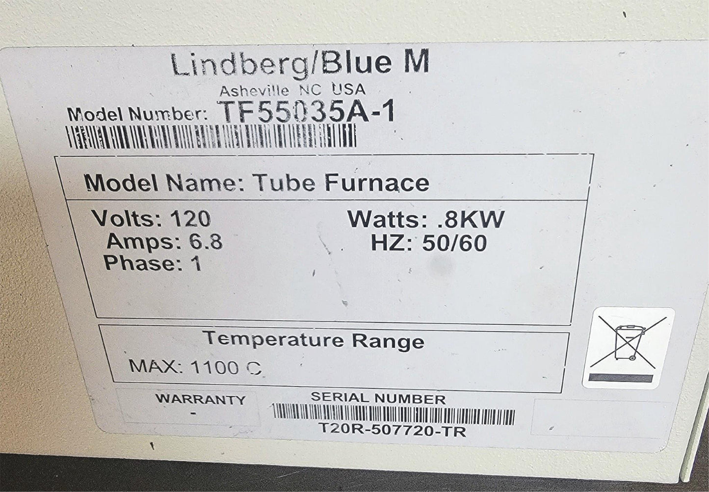LINDBERG BLUE M TF55035A-1 Mini-Mite™ Tube Lab Furnace 1100°C WARRANTY FREE SHIP