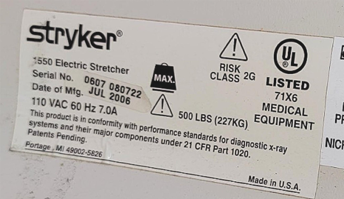 STRYKER 1550 POWER ELECTRIC HOSPITAL EMERGENCY STRETCHER  NO-MATTRESS WATCHVIDEO