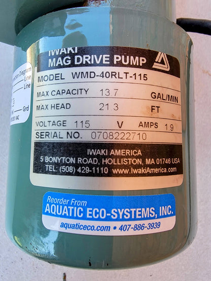 IWAKI WMD-40RLT-115 MAGNETIC-DRIVE CENTRIFUGAL PUMP & MANUAL RPM	3,200 FREE SHIP
