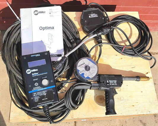 MILLER SPOOLMATIC 30A AIR COOLED SPOOL GUN & OPTIMA PULSING MACHINE WELD REMOTE