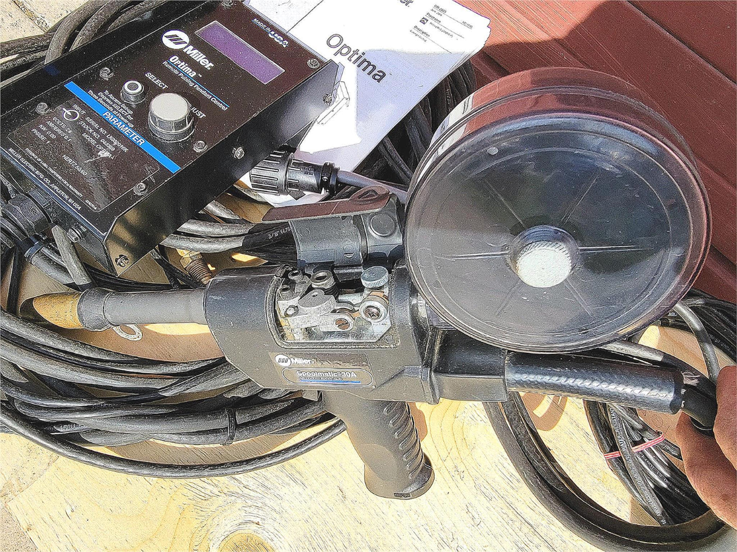 MILLER SPOOLMATIC 30A AIR COOLED SPOOL GUN & OPTIMA PULSING MACHINE WELD REMOTE