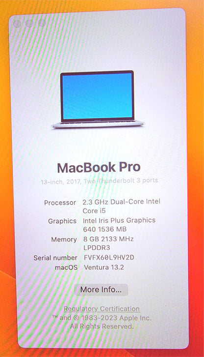 APPLE MacPRO 14.1 Model A1708 2.3Ghz DUALCORE i5 8GB 2133MHz RETINA 13" WARRANTY