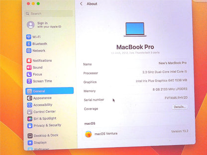 APPLE MacPRO 14.1 Model A1708 2.3Ghz DUALCORE i5 8GB 2133MHz RETINA 13" WARRANTY