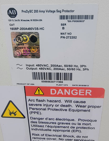 ALLEN BRADLEY ROCKWELL AUTOMATION 1608P200A480V3SHC DySC 200AMP VOLT SAG PROTECT