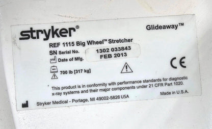 WARRANT STRYKER 1115 BIG WHEEL 700Lbs Capacity HOSPITAL MATTRESS GURNEY FREESHIP