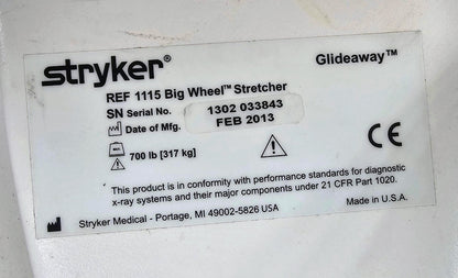 WARRANT STRYKER 1115 BIG WHEEL 700Lbs Capacity HOSPITAL MATTRESS GURNEY FREESHIP
