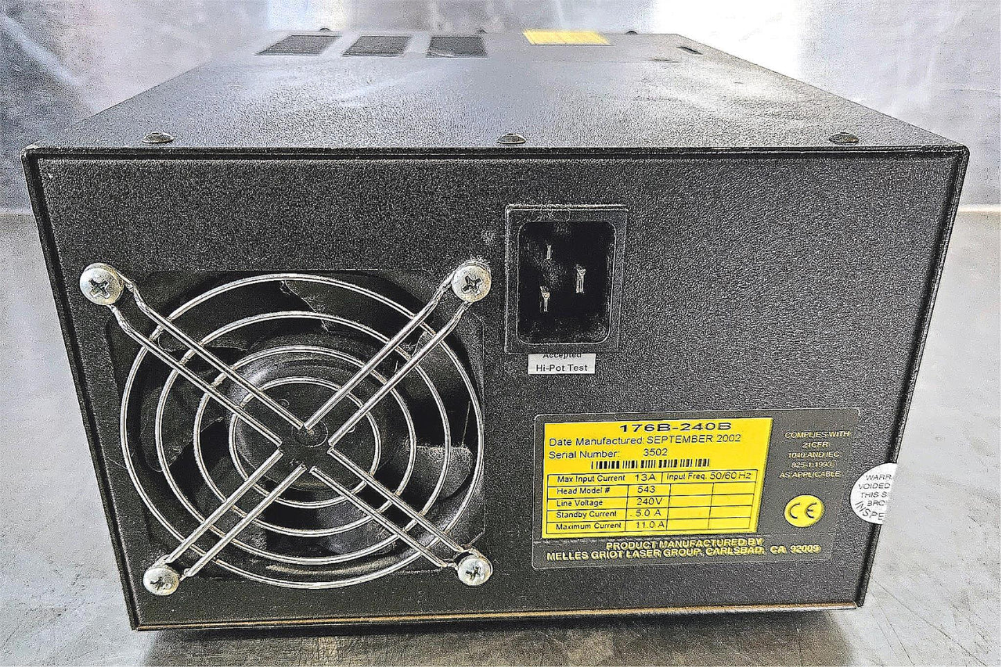 MELLES GRIOT 176B-240B ION LASER HEAD POWER SUPPLY With KEY POWER CABLE FREESHIP