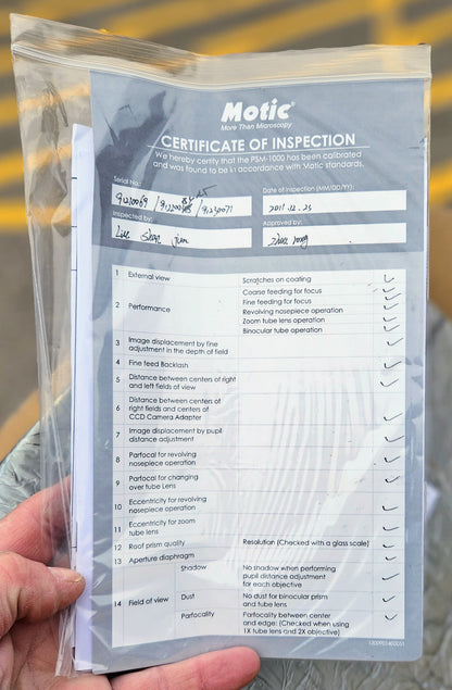 B/NEW MOTIC PSM-1000 TRINOCULAR MLC-150 PLAN APO ELWD 5x10x20x50xOBJE MICROSCOPE