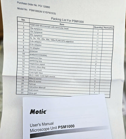 B/NEW MOTIC PSM-1000 TRINOCULAR MLC-150 PLAN APO ELWD 5x10x20x50xOBJE MICROSCOPE